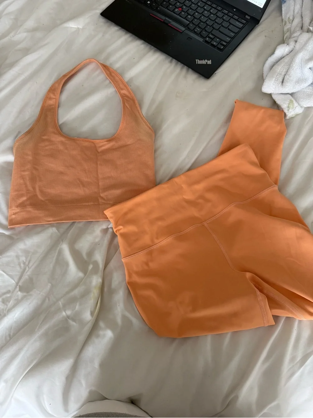 Athleta Peach/Orange Ribbed Sports Bra and High-Waist Leggings Set